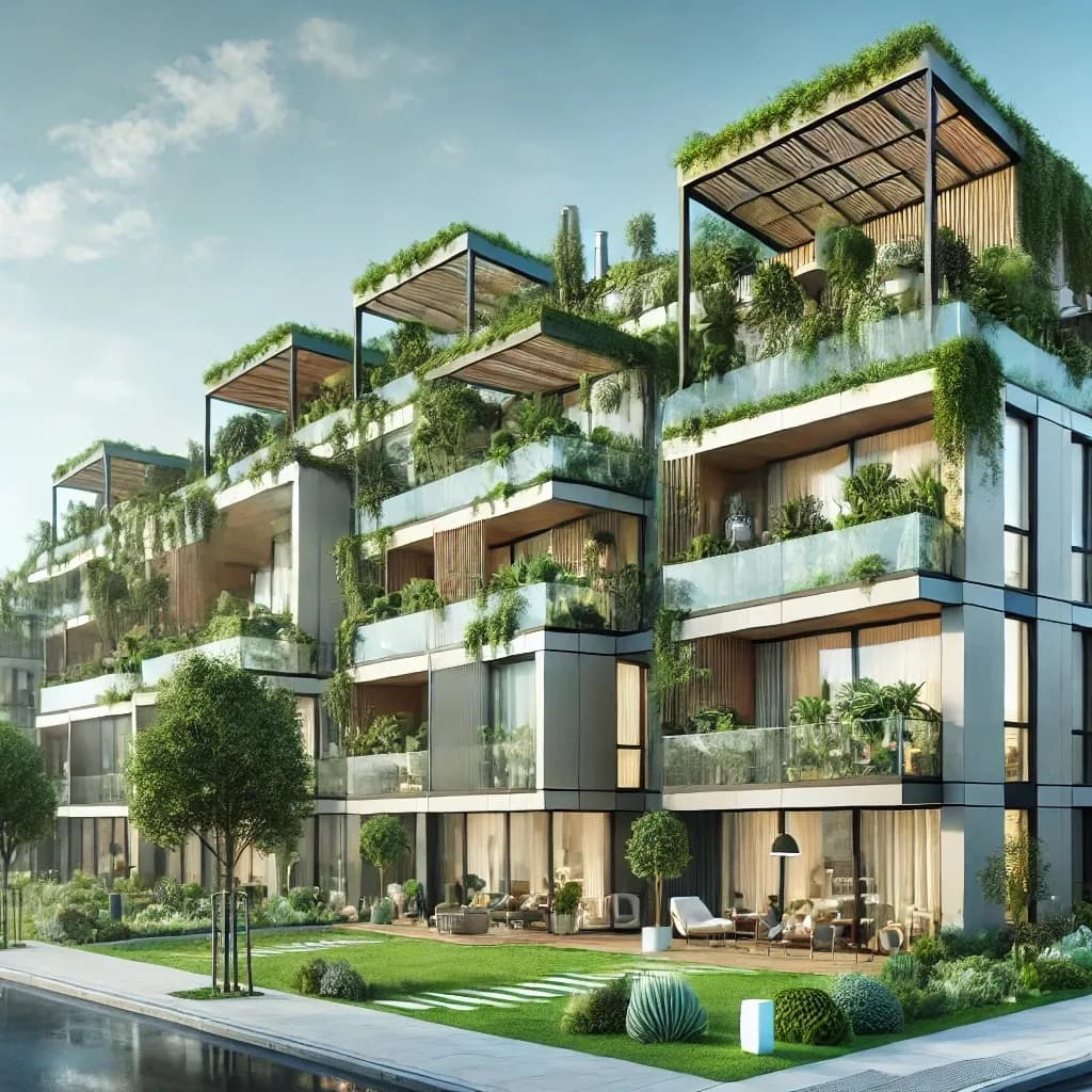 Energieeffizient saniertes Gebäude – Modernes Wohnhaus mit Solarzellen auf dem Dach und hochwertiger Dämmung. Beratungsgespräch mit Investoren – Ein professionelles Meeting über nachhaltige Immobilienprojekte. Installation nachhaltiger Energietechnik – Fachkräfte montieren Solarpaneele und Wärmepumpen. Smart Home System für Energieeffizienz – High-Tech-Steuerung für optimierte Energienutzung in Gebäuden. Nachhaltiges Wohngebäude mit grünen Dächern – Ein umweltfreundliches, energieeffizientes Wohnhaus mit Dachbegrünung.