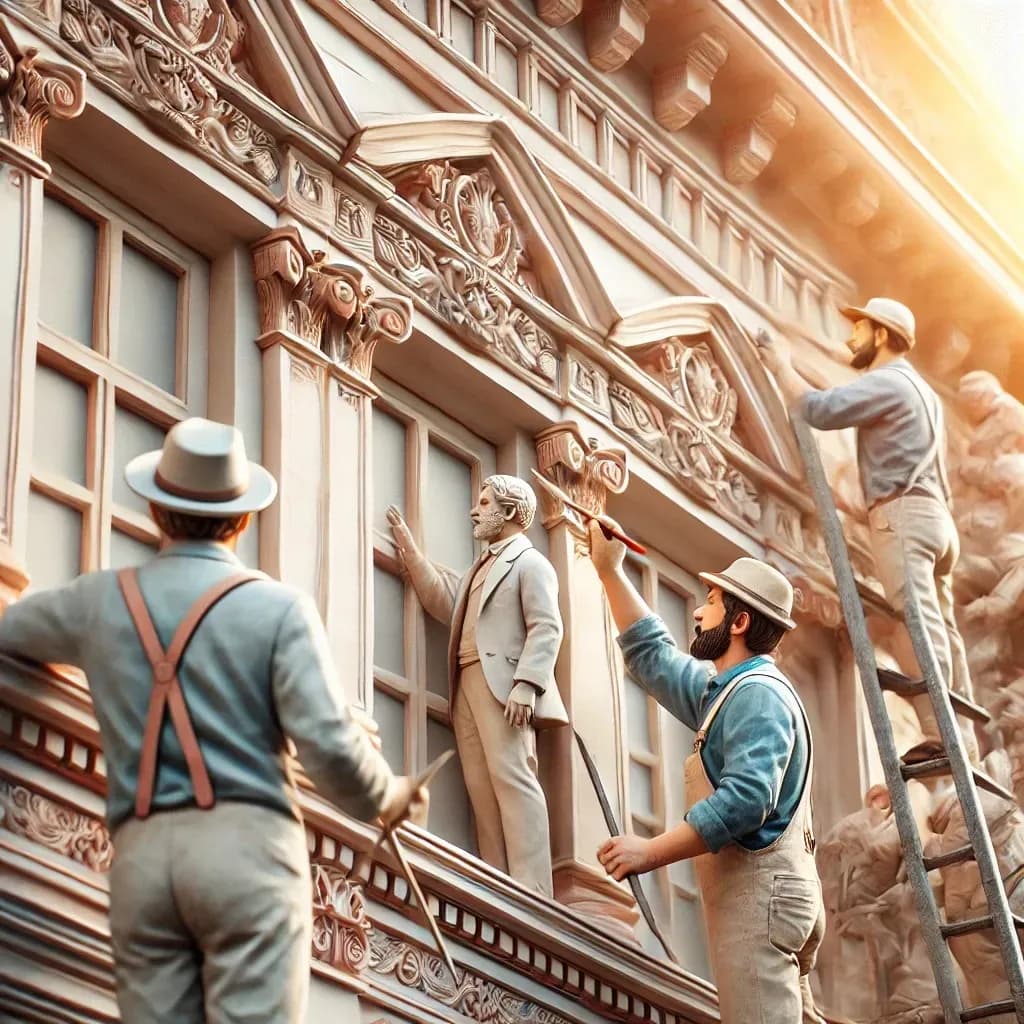 Historisches Gebäude vor der Sanierung – Schlichteres europäisches Gebäude mit sichtbaren Abnutzungsspuren. Architekten & Ingenieure in der Planungsphase – Echt wirkende Experten im Büro beim Überprüfen von Bauplänen. Fassadenrestaurierung durch Handwerker – Professionelle Handwerker, die an der Renovierung arbeiten. Energetische Sanierung eines Denkmals – Moderne Dämmung und Heiztechnik unter Erhalt des alten Charakters. Fertig saniertes Denkmal – Ein elegant restauriertes Gebäude mit originalen Details und modernem Glanz.