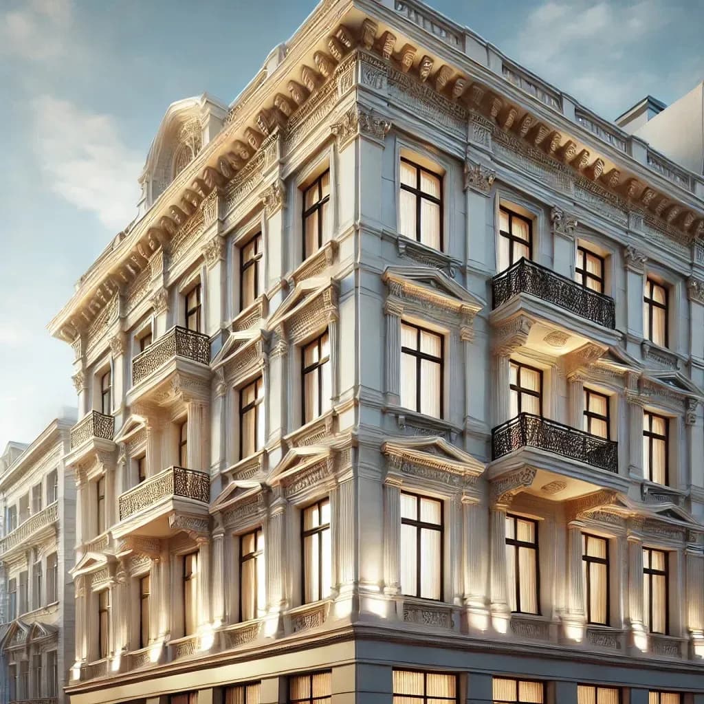 Historisches Gebäude vor der Sanierung – Schlichteres europäisches Gebäude mit sichtbaren Abnutzungsspuren. Architekten & Ingenieure in der Planungsphase – Echt wirkende Experten im Büro beim Überprüfen von Bauplänen. Fassadenrestaurierung durch Handwerker – Professionelle Handwerker, die an der Renovierung arbeiten. Energetische Sanierung eines Denkmals – Moderne Dämmung und Heiztechnik unter Erhalt des alten Charakters. Fertig saniertes Denkmal – Ein elegant restauriertes Gebäude mit originalen Details und modernem Glanz.
