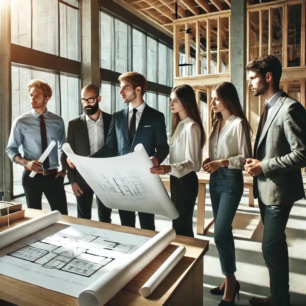 Historisches Gebäude vor der Sanierung – Schlichteres europäisches Gebäude mit sichtbaren Abnutzungsspuren. Architekten & Ingenieure in der Planungsphase – Echt wirkende Experten im Büro beim Überprüfen von Bauplänen. Fassadenrestaurierung durch Handwerker – Professionelle Handwerker, die an der Renovierung arbeiten. Energetische Sanierung eines Denkmals – Moderne Dämmung und Heiztechnik unter Erhalt des alten Charakters. Fertig saniertes Denkmal – Ein elegant restauriertes Gebäude mit originalen Details und modernem Glanz.
